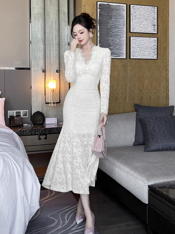 European station white moonlight first love dress for women in spring new long-sleeved lace V-neck slim hip fishtail long skirt - Image 3