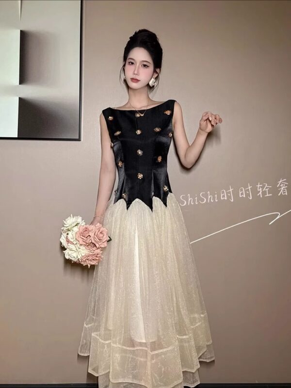 Sweet first love designer sleeveless one-length dress for women mesh splicing high-end elegant princess long skirt - Image 3