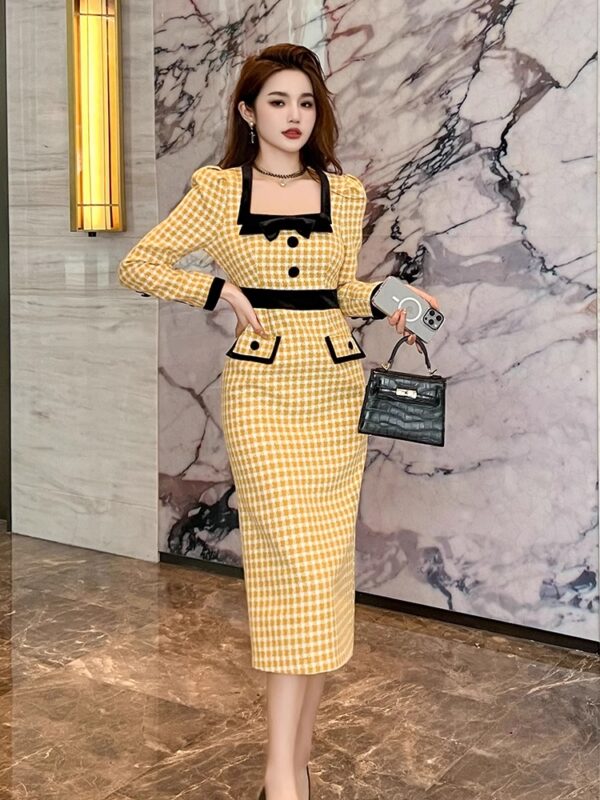 Plaid square collar small wool dress for women with autumn and winter waist slim bow temperament professional hip-pack skirt - Image 3