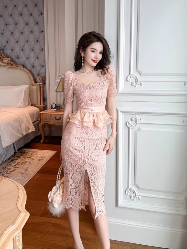 2025 summer new style female celebrity sweet temperament high-end lace waist-hugging ruffle-wrapped pink dress - Image 3