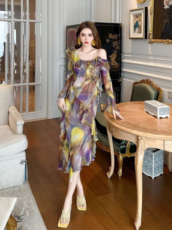 One-shoulder suspender chiffon dress 2025 new summer long-sleeved ruffle-edged retro ink-dyed slim long skirt - Image 3