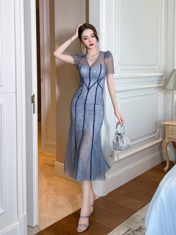 Blue lace dress French elegant banquet dress temperament feminine waist-hugging and sexy hip-packing skirt - Image 3