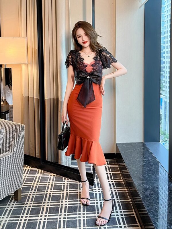 French light luxury dress for women in summer new V-neck splicing bow design sense hip-wrapped slim fish tail skirt - Image 3