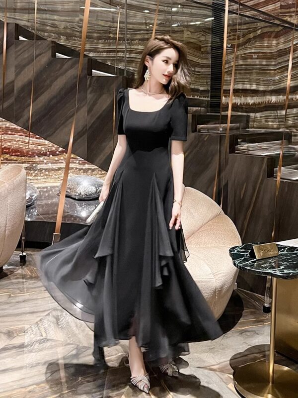 Black dress Women's summer new style high-quality texture square collar irregular waist-hugging and slimming A-line long skirt - Image 3