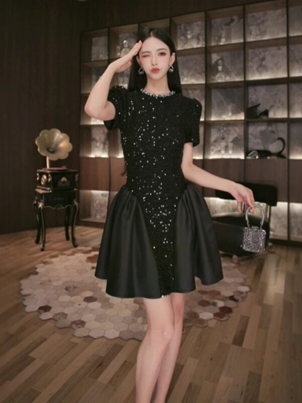 European black dress for women in summer new sequin banquet dress light luxury high-end waisted A-line short skirt - Image 3
