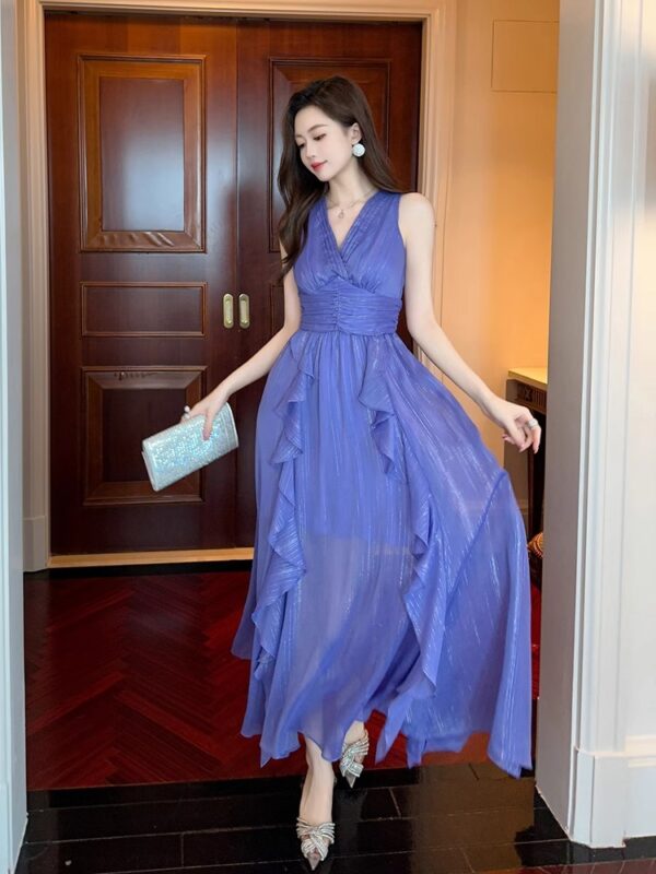 French sexy V-neck purple dress in summer new sleeveless ruffle waist-hugging and slim big sling skirt - Image 3