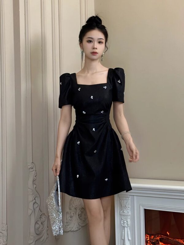European station black square collar dress for women in summer new birthday dress light luxury high-end waisted A-line skirt - Image 3