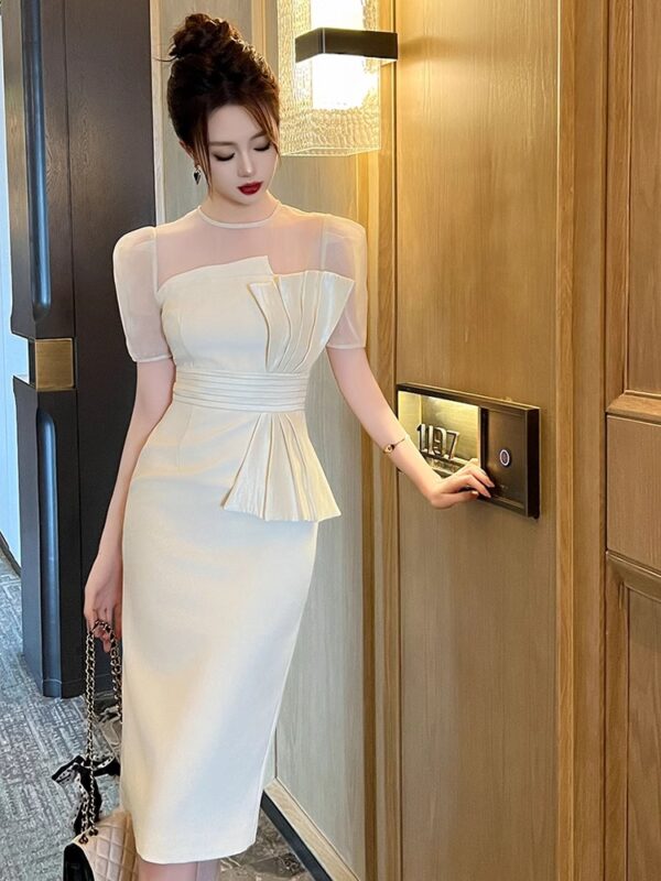 Xiaoxiang style milky white slim slim dress summer new high-end celebrity evening dress temperament hip-pack skirt - Image 3