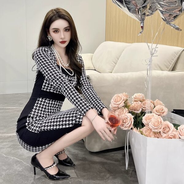 Elegant autumn and winter temperament square neckline style slim hip-pack skirt high-end style celebrity Xiaoxiang style houndstooth dress - Image 3