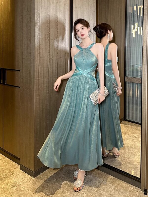 Kinkle neck dress for women in summer light luxury niche high-end feel waist-hugging slimming French temperament A-line long skirt - Image 3