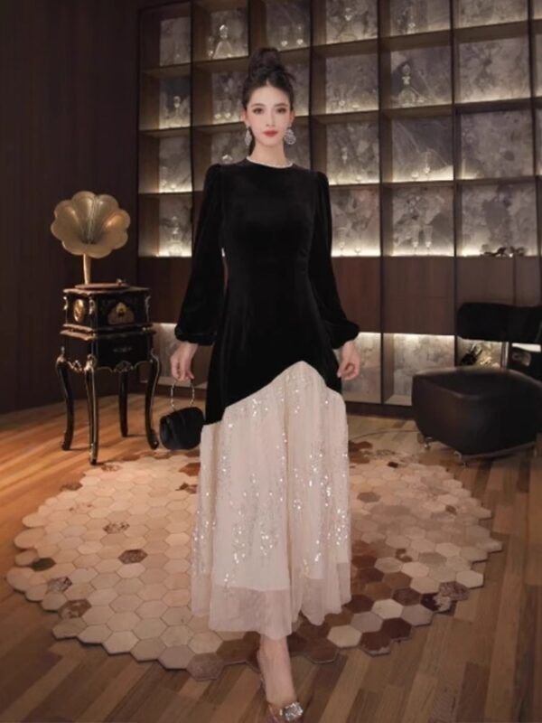 European black dress for women in autumn and winter coat with mesh sequins splicing to make them look slim and elegant dress long skirt - Image 3
