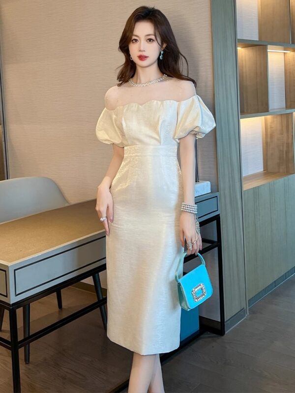 European station lace splicing dress for women in summer French puff sleeves elegant and decent mid-length skirt - Image 3