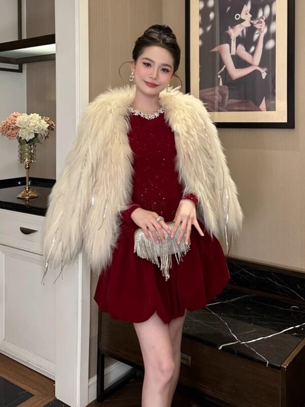 European station red dress spring year women's clothing waist-hugging and slim flower bud skirt heavy industry party small dress - Image 3