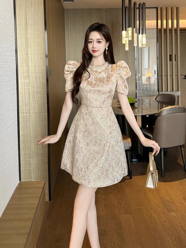 Qianjin dress for women in summer light luxury high-end round neck heavy industry nail bead puff sleeve small temperament A-line skirt - Image 3