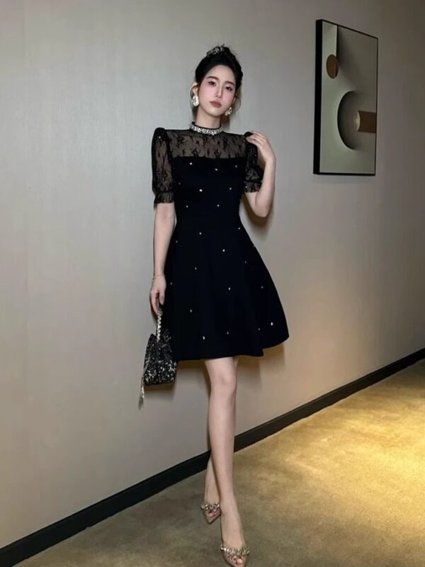 Heavy Industry Diamond Hepburn Style Lace Spliced ​​A-line Dress with waist slim and high-end temperament celebrity little black skirt - Image 3