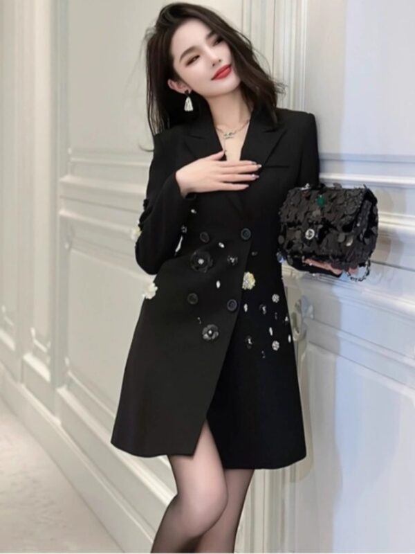 European station black suit dress for women in spring and autumn new heavy industry beads high-end Hepburn style slim skirt - Image 3
