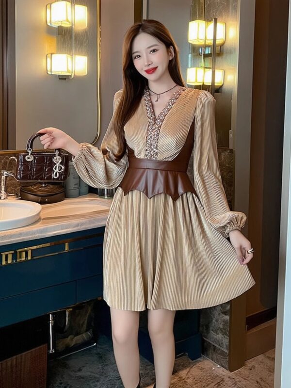 21460 small velvet dress for women v-neck fitting waist to make them look slim and long-sleeved short skirt - Image 3