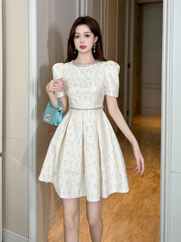 French heavy industry high-end exquisite banquet dress feminine luxury socialite style high short-sleeved A-line skirt summer - Image 3