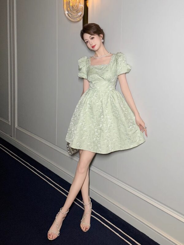Mint green dress for women in summer 2025 new simple and elegant short puff sleeve square collar floral a-line skirt - Image 3