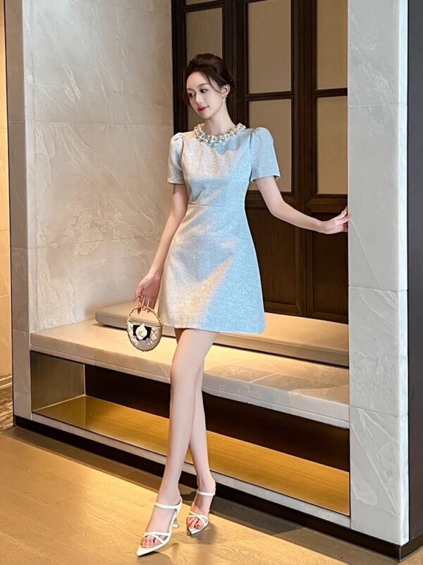 A-line dress with a celebrity girl with a waist 2025 new style women's summer French round neck beaded small temperament short skirt - Image 3