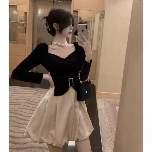 2025 autumn and winter new French Hepburn style fake two-piece skirt for women's temperament retro velvet fluffy dress trendy - Image 3