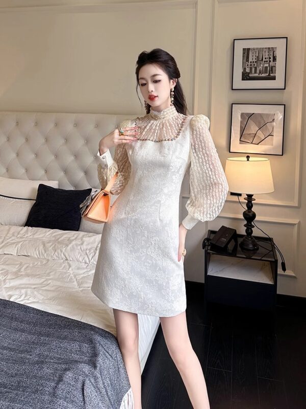 High-end light luxury dress 2025 new style for women's spring and autumn socialite temperament lantern long sleeve waist-hugging A-line princess short skirt - Image 3