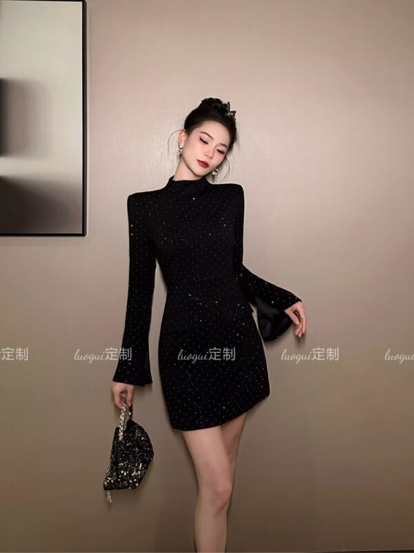 Huahua original Light luxury French slim temperament fashionable celebrity shiny slit slit sleeve dress 21555 - Image 3