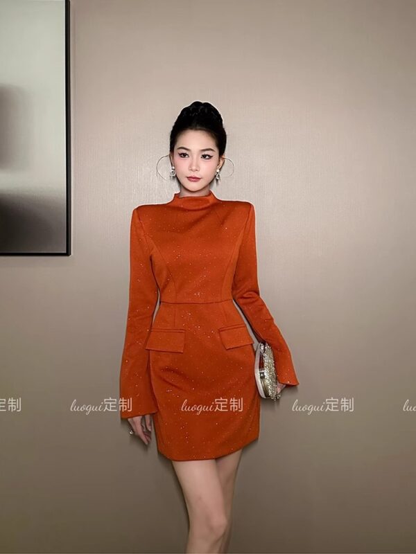 Huahua original Light luxury French slim temperament fashionable celebrity shiny slit slit sleeve dress 21555 - Image 4