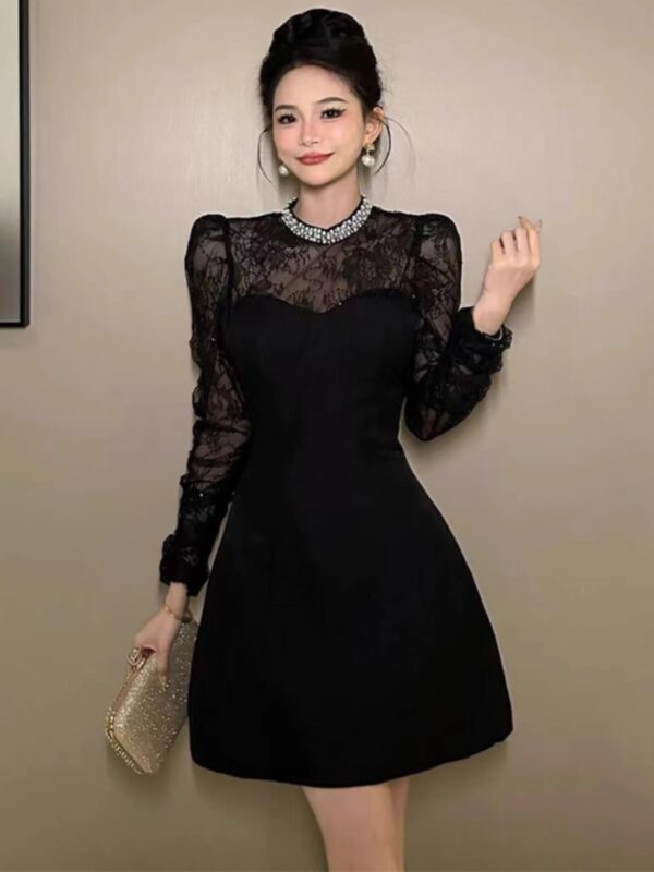 European station small black dress spring and autumn women's temperament high-end lace waist a-line skirt - Image 4