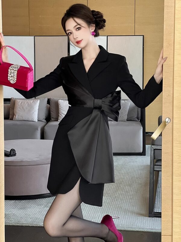 European suit dress for women in autumn and winter design with large bows on the waist and slim Hepburn style small black skirt - Image 4