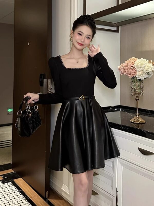 European station PU leather dress early spring original design women's square collar slim temperament Hepburn style small black skirt - Image 4