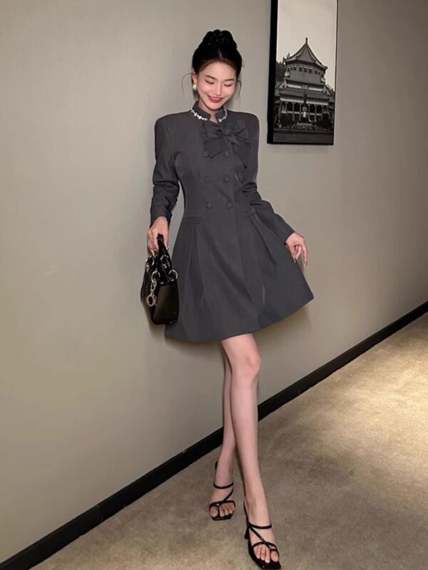 European school style gray suit dress for women in autumn and winter new style small person looking slim and waist-hugging A-line skirt - Image 4