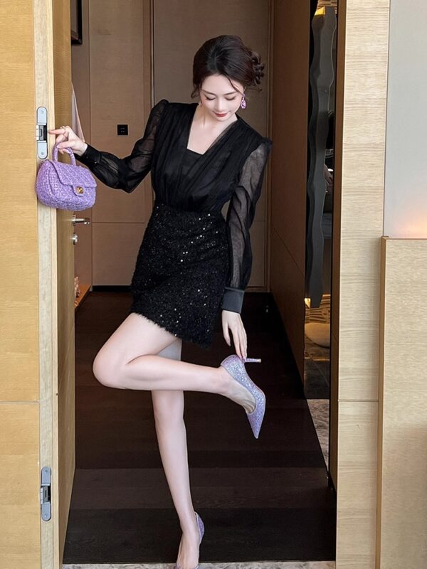 Woolen sequin design is beautiful black dress with a niche and no match for high-end temperament. The A-line dress - Image 4