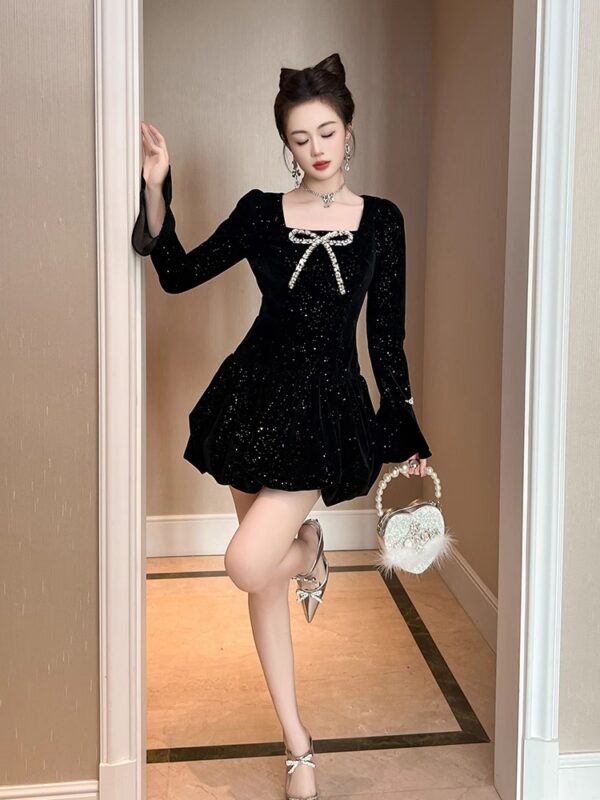 Velvet dress for women in spring rich girl high-end square collar annual meeting dress flower bud skirt slim and fluffy skirt - Image 4