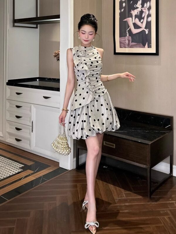 European station sleeveless polka dot dress for women in summer three-dimensional flowers French celebrity temperament waist-hugging princess flower bud skirt - Image 4