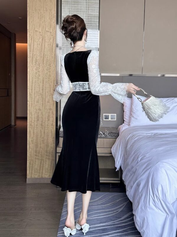 European sexy dress spring long-sleeved women's lace spliced ​​velvet square neck temperament slim hip-pack skirt - Image 4