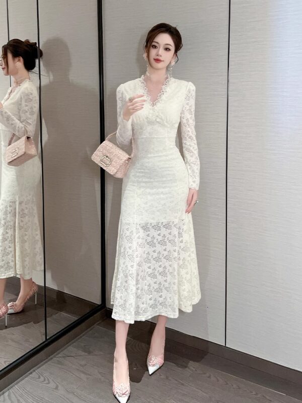 European station white moonlight first love dress for women in spring new long-sleeved lace V-neck slim hip fishtail long skirt - Image 4