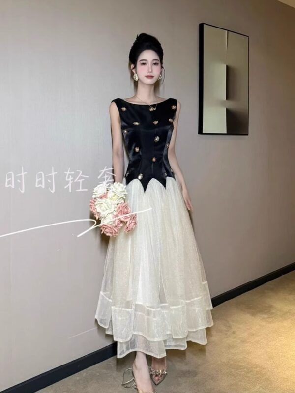 Sweet first love designer sleeveless one-length dress for women mesh splicing high-end elegant princess long skirt - Image 4