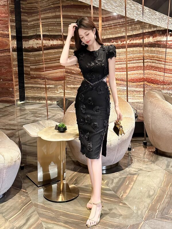 Round neck rose mid-length waist-length hip-pack skirt 2025 summer new slit high-waisted socialite slim dress - Image 4