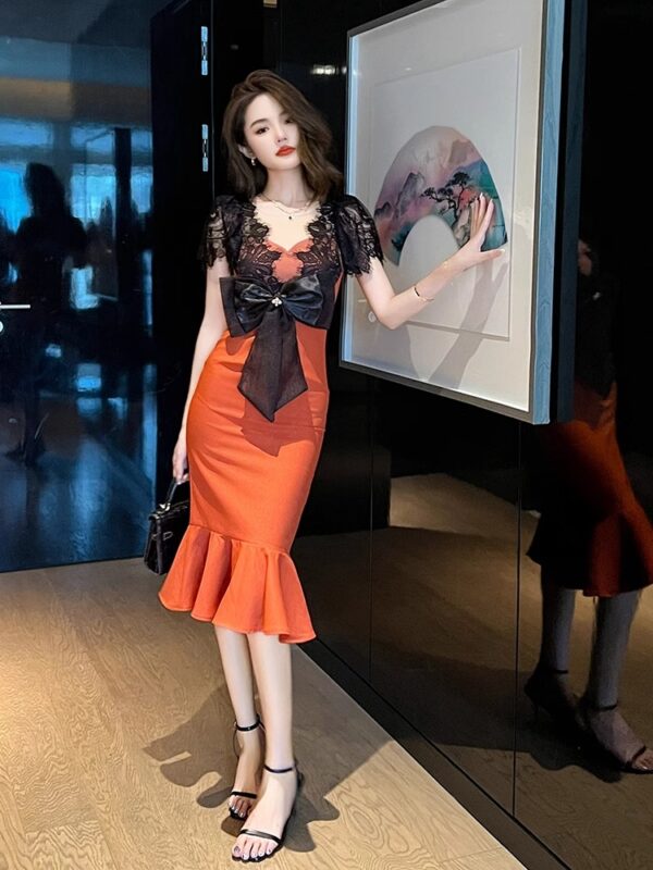 French light luxury dress for women in summer new V-neck splicing bow design sense hip-wrapped slim fish tail skirt - Image 4
