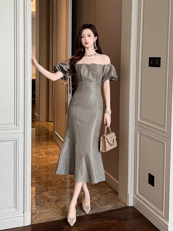 This year's popular French high-end one-shoulder puff sleeve waist-hugging slim fish tail dress dress for women - Image 4