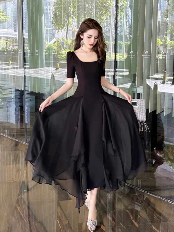 Black dress Women's summer new style high-quality texture square collar irregular waist-hugging and slimming A-line long skirt - Image 4