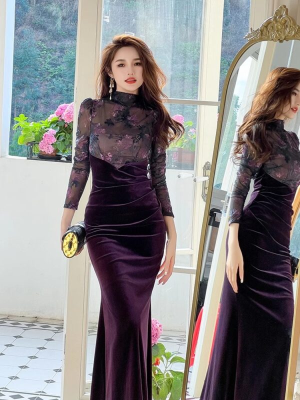 Retro fake two-piece dress for autumn women's velvet high-end dress floral purple slim hip fish tail long skirt - Image 4