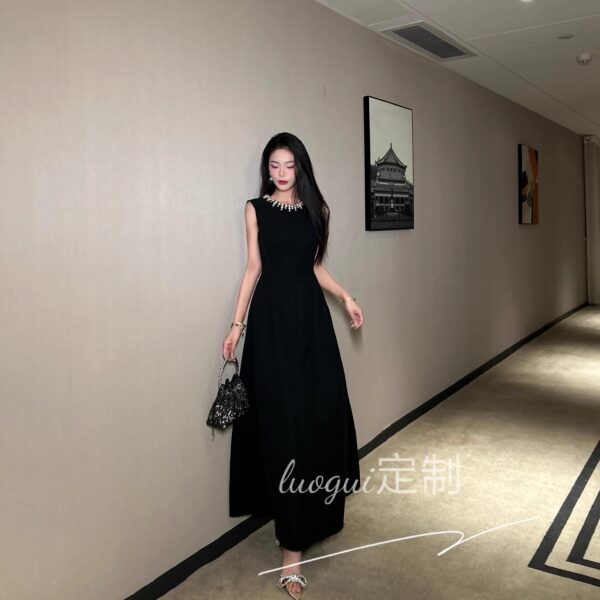 9791 niche long Hepburn style slim-fitting socialite splicing design and slim temperament dress