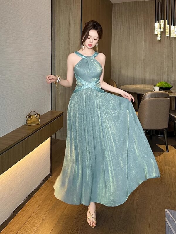 Kinkle neck dress for women in summer light luxury niche high-end feel waist-hugging slimming French temperament A-line long skirt - Image 4