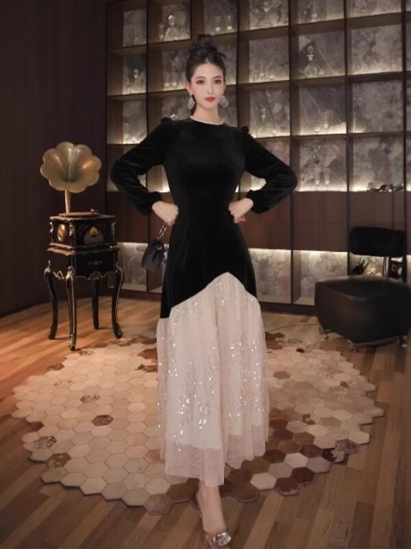 European black dress for women in autumn and winter coat with mesh sequins splicing to make them look slim and elegant dress long skirt - Image 4