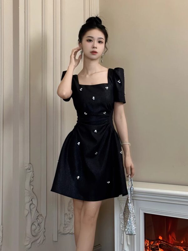 European station black square collar dress for women in summer new birthday dress light luxury high-end waisted A-line skirt - Image 4