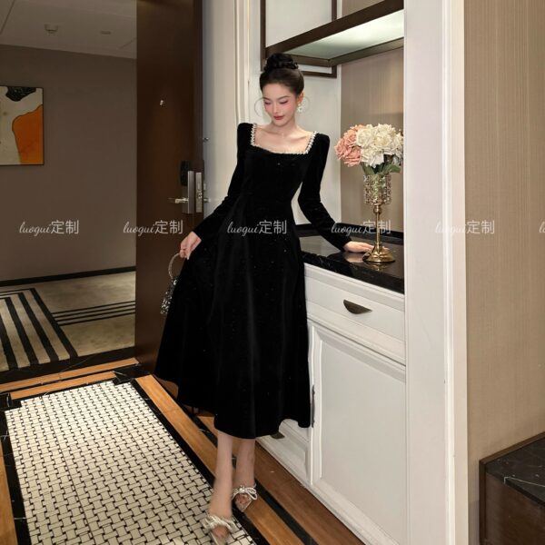 High-end black square collar dress Spring new French temperament annual dinner dress waist-hugging and slim big sway skirt - Image 3