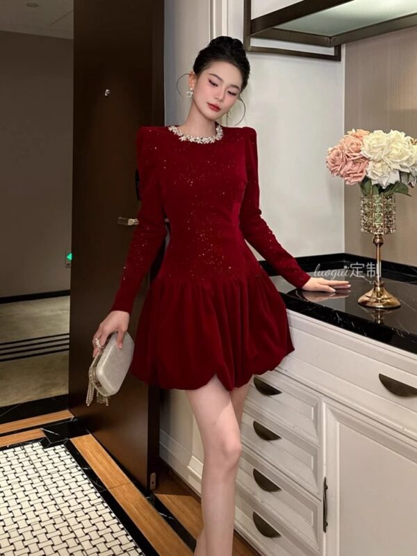 European station red dress spring year women's clothing waist-hugging and slim flower bud skirt heavy industry party small dress - Image 4