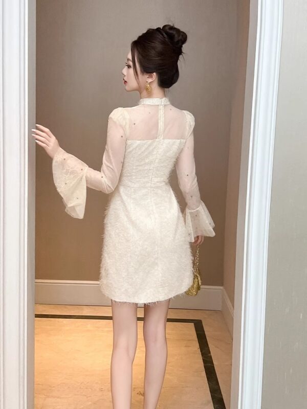 European station lace splicing dress for women in early spring, flared sleeves, small slim and waist-hugging A-line skirt - Image 4